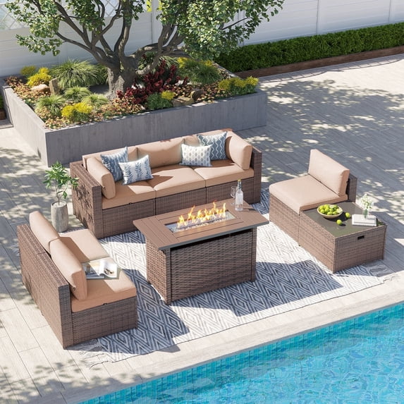 Clouddwell 8 Piece Patio Furniture Set with 44” Fire Pit Table Wicker Rattan Patio Conversation Set Outdoor Sectional Sofa Set with Coffee Table