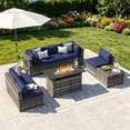 thumbnail image 1 of LazySunsets 8 Piece Patio Furniture Set with 44” Fire Pit Table Wicker Rattan Patio Conversation Set Outdoor Sectional Sofa Set with Coffee Table and Blue Cushions(Waterproof Cover Included), 1 of 9