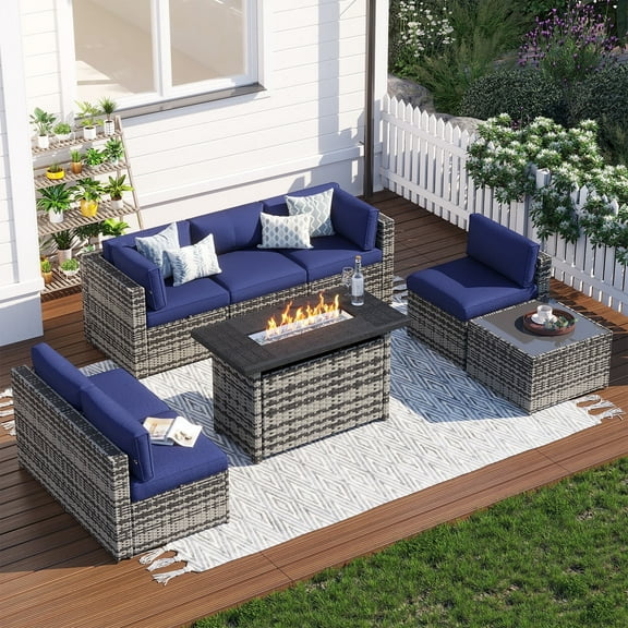 Clouddwell 8 Piece Patio Furniture Set with 44” Fire Pit Table Wicker Rattan Patio Conversation Set Outdoor Sectional Sofa Set with Coffee Table and Blue Cushions(Waterproof Cover Included)