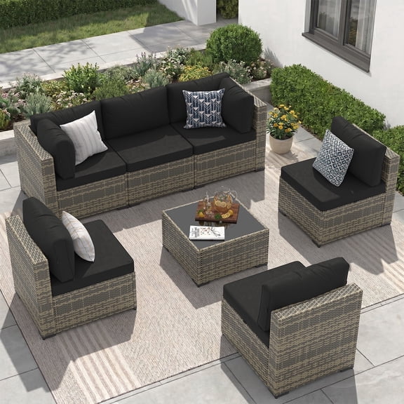 Clouddwell 7 Piece Outdoor Patio Sectional Furniture Set, Modular Wicker Outdoor Couch