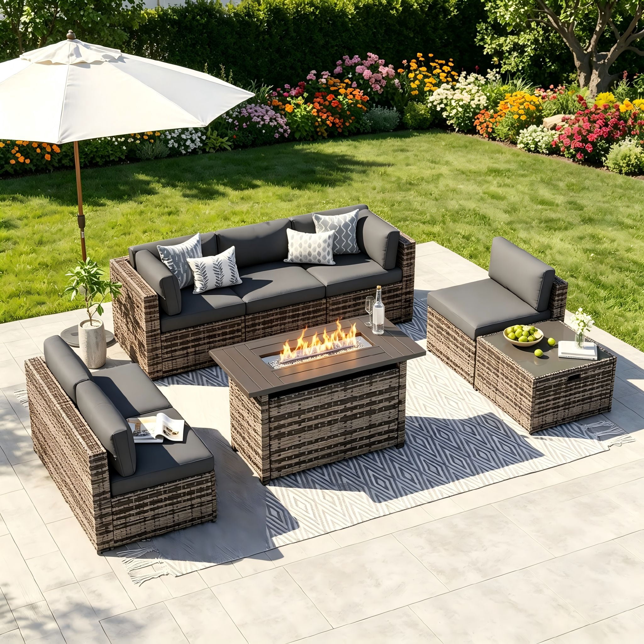 Clouddwell Patio Furniture Sets with Fire Pit Table, Rattan Outdoor Sectional Sofa Set, Wicker Patio Conversation Set for Backyard(Waterproof Cover Included)