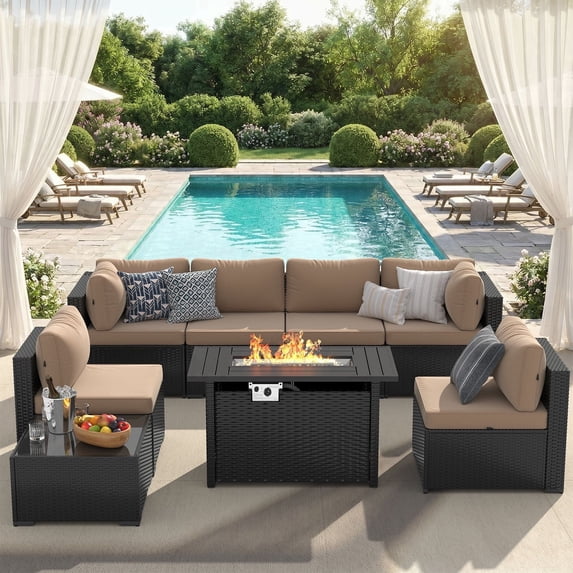 Clouddwell 8-Piece Patio Furniture Set With Fire Table On Sale, Black Rattan Wicker Outdoor Sectional Sofa Couch with Table Patio Conversation Set for Lawn& Backyard, Beige