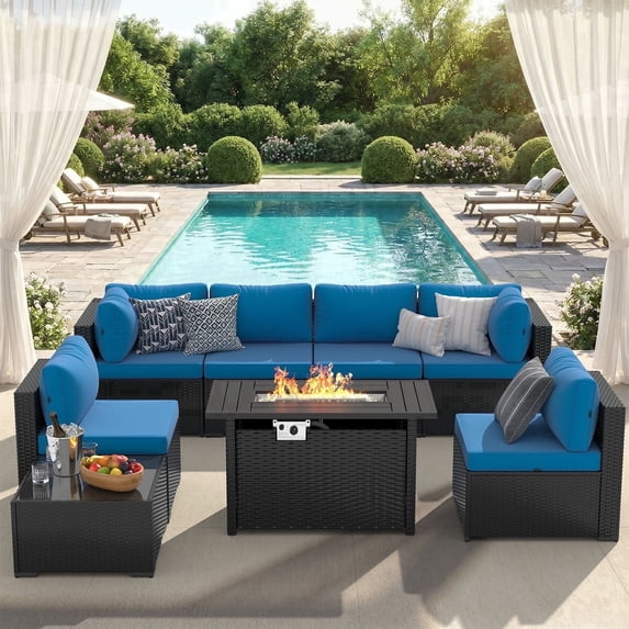 Clouddwell 8-Piece Patio Furniture Set With Fire Table On Sale, Black Rattan Wicker Outdoor Sectional Sofa Couch with Table Patio Conversation Set for Lawn& Backyard, Blue