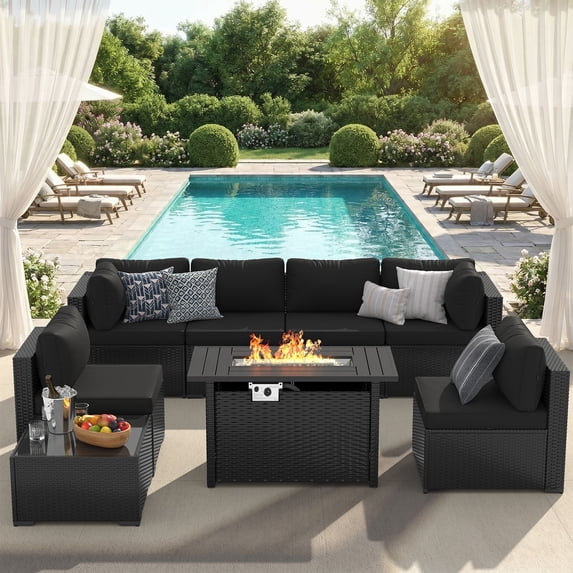 Clouddwell 8-Piece Patio Furniture Set With Fire Table On Sale, Black Rattan Wicker Outdoor Sectional Sofa Couch with Table Patio Conversation Set for Lawn& Backyard, Black
