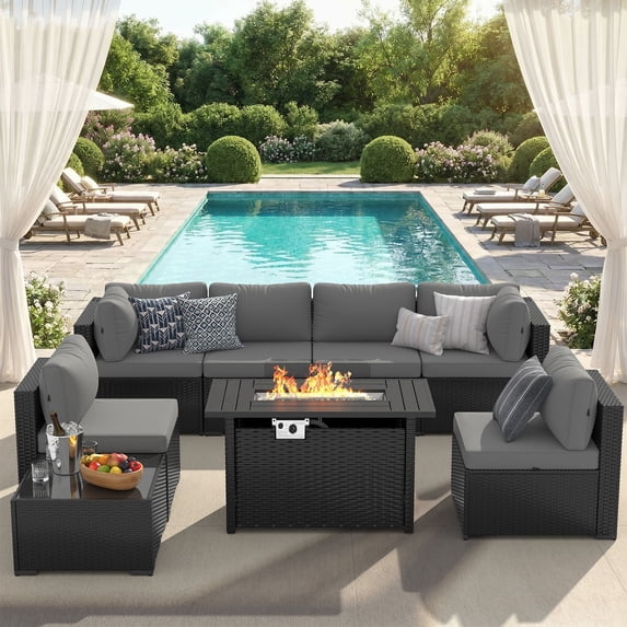 Clouddwell 8-Piece Patio Furniture Set With Fire Table On Sale, Black Rattan Wicker Outdoor Sectional Sofa Couch with Table Patio Conversation Set for Lawn& Backyard, Light Gray