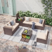 LazySunsets 8 Piece Patio Furniture Set, Wicker Outdoor Furniture with Large Storage Table, Beige