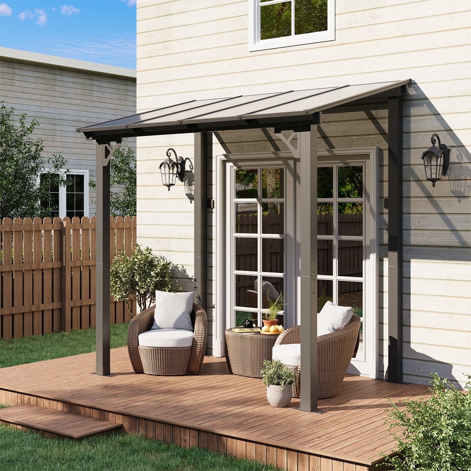 Clouddwell 8'x 5' Wall-Mounted Gazebo Pergola with Aluminum Top Frame & Polycarbonate Panel, Large Heavy-Duty Awnings for Backyard Black