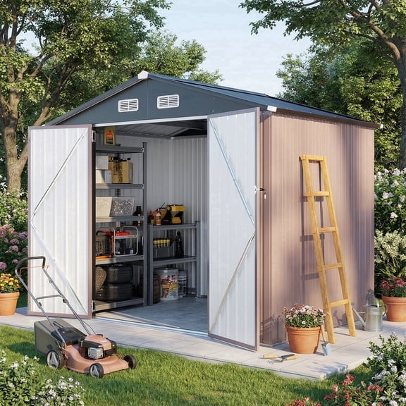 Clouddwell 8 x 6 FT Shed Outdoor Storage Shed with Double Hinged Large Door, Large Metal Shed with Lockable Door & Sloped Roof for Garden, Patio and Backyard, Brown