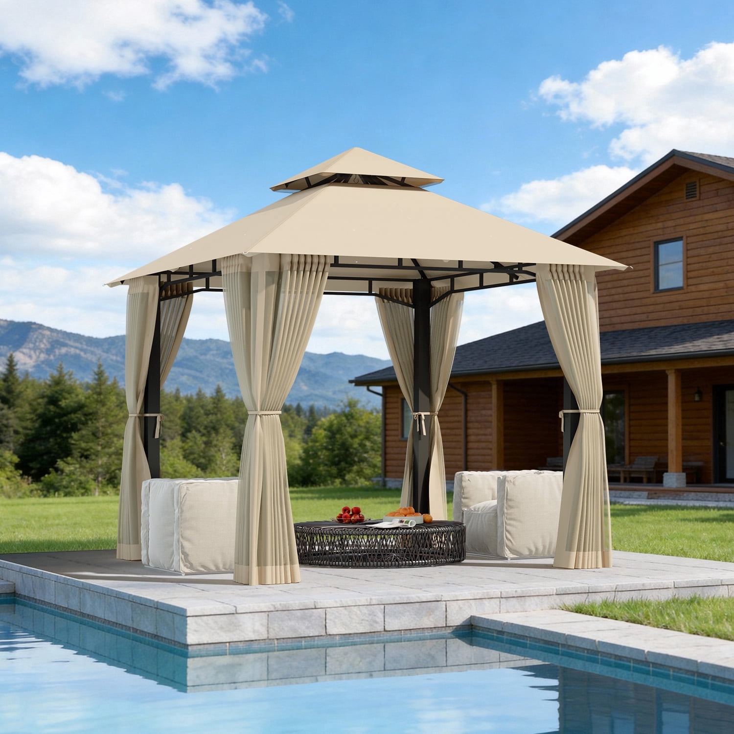 LazySunsets 8'x 8' Patio Gazebo Double Roof Protection All-Weather Outdoor Shelter Features Insect Screens for Backyard, Lawn, (Beige)