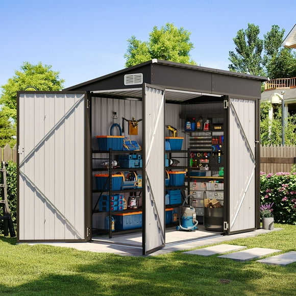 Clouddwell 8ft x 4ft Heavy-Duty Metal Storage Shed with 3 Doors, Lockable Lean-To Design, Weatherproof for Garden & Tools (Black)