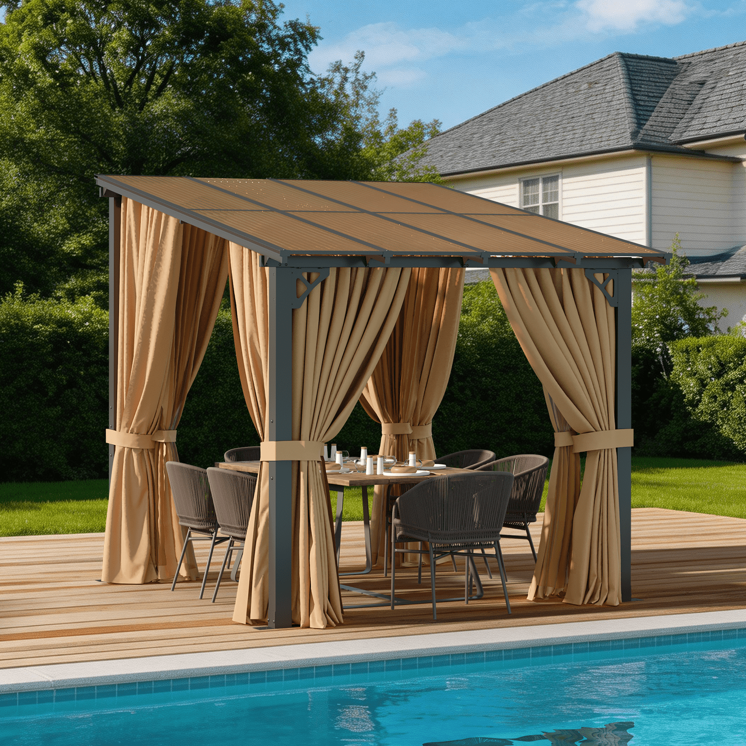 LazySunsets 8x10 FT Wall-Mounted Aluminum Gazebo Polycarbonate Roof with Full Mosquito Netting & Privacy Curtains