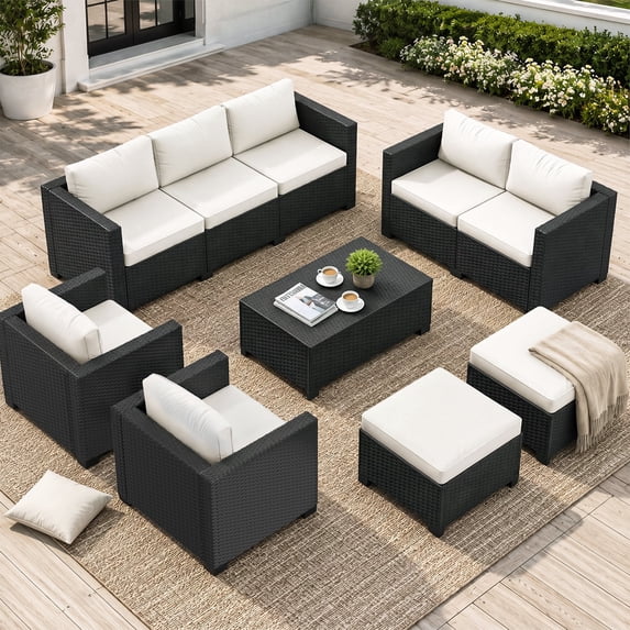 Clouddwell 9 Seats Patio Furniture Set with Storage Coffee Table, All Weather Wicker Outdoor Sectional With Thickened Cushion and Waterproof Cover, Beige