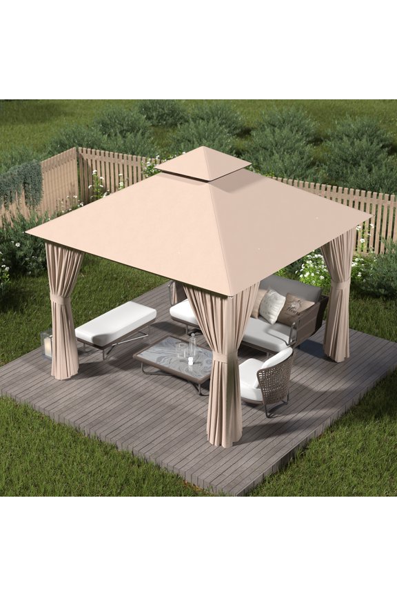 Beige 10'x10' Patio Gazebo – Sturdy Metal Frame Party Tent with Dual Roof Design, Bug Netting & Side Panels for Backyard, Lawn, or Deck