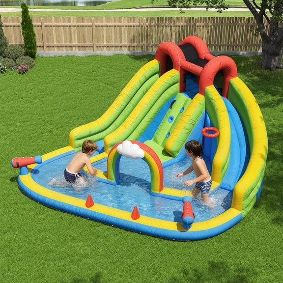 Dateyes Inflatable Water Slide for Kids with 450W Blower, 6 in 1 Water Park Bounce House for Outdoor Summer Fun, Double Slide, 13x15FT