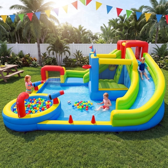 Dateyes Inflatable Water Slide for Kids with 450W Blower, 8 in 1 Water Park Bounce House for Outdoor Summer Fun, Large Water Park, 14x17FT