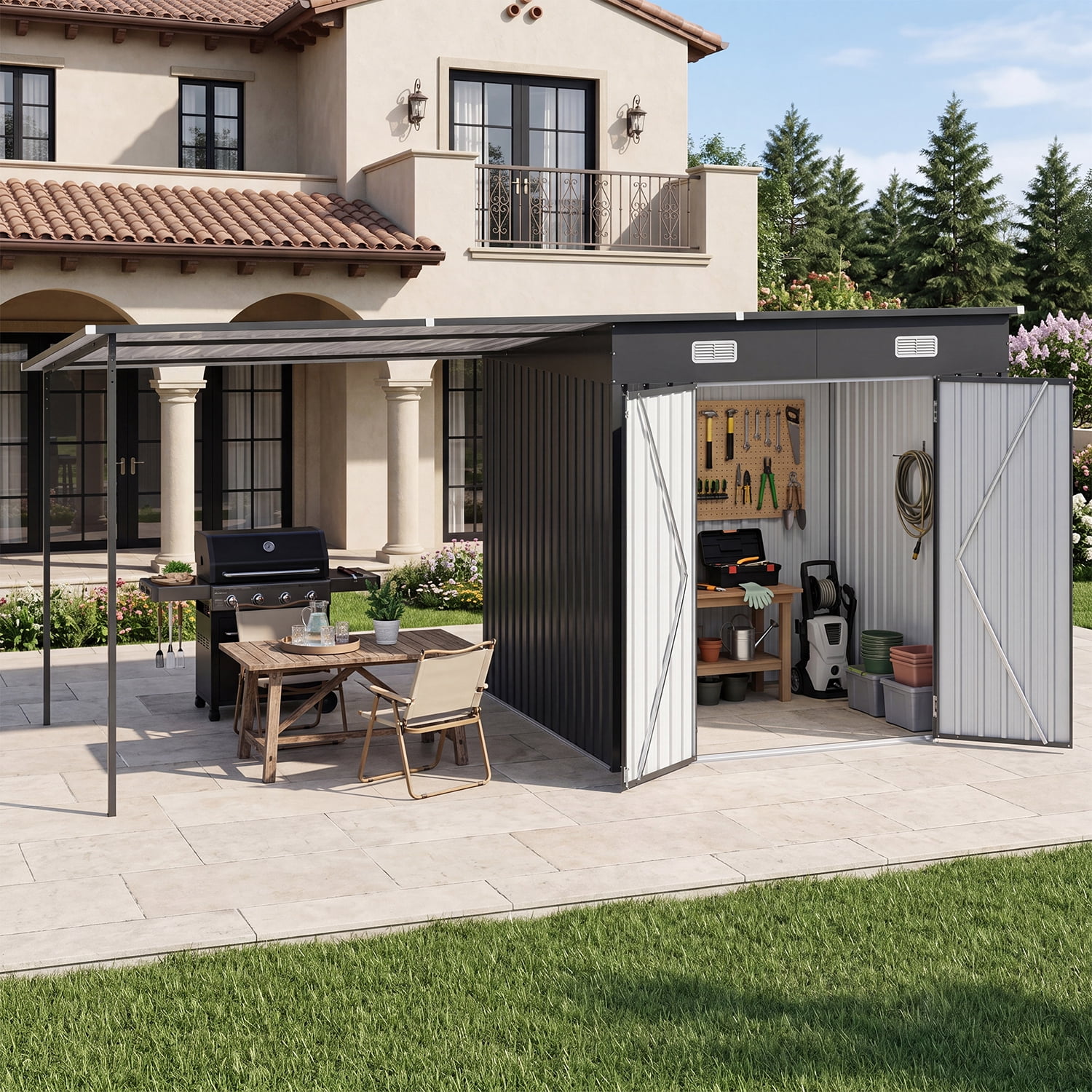 Clouddwell Metal Storage Shed with Hardtop Pergola 14x6 ft 2-in-1