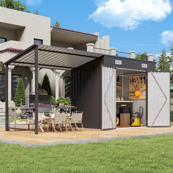 Clouddwell Metal Storage Shed with Hardtop Pergola 12x4 ft 2-in-1, 50 Sq. Ft Outdoor Tool Shed for Backyard
