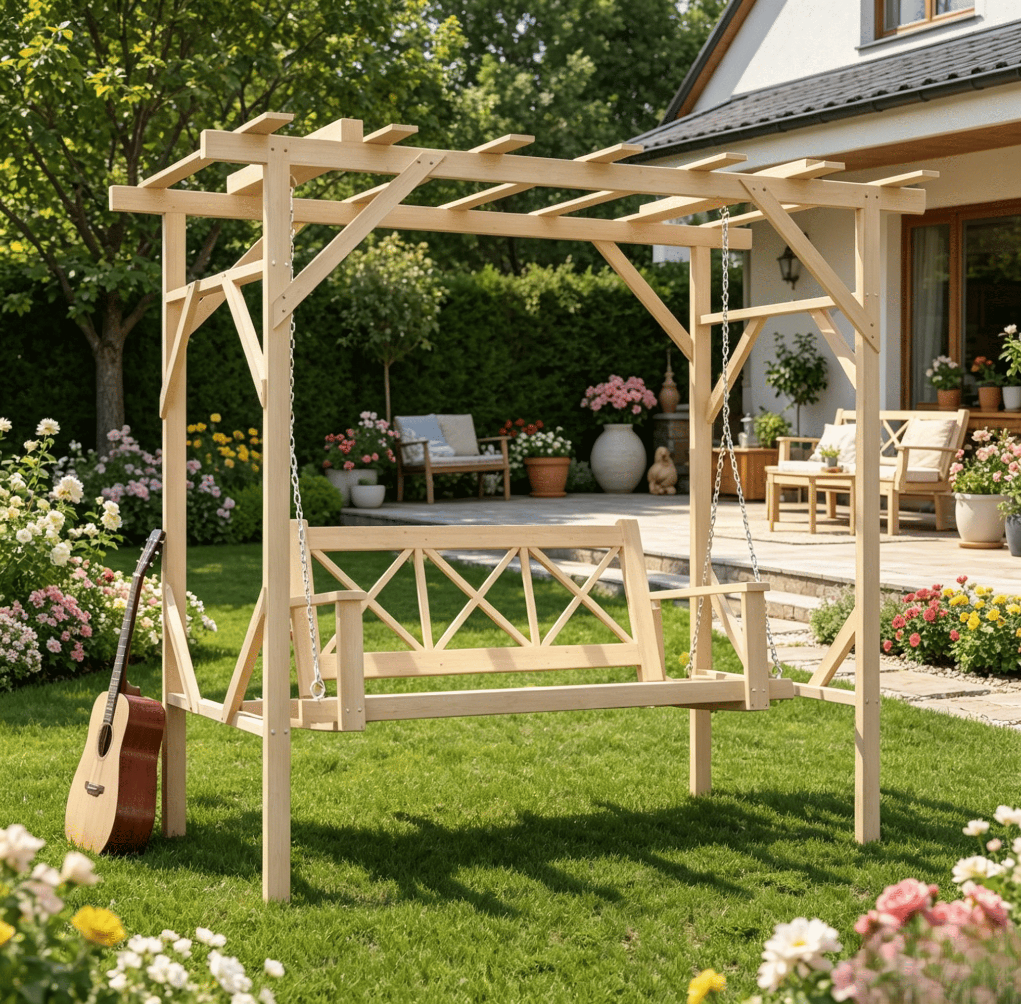 Clouddwell Natural Cedar Wood 3-Seat Pergola Swing Bench with Canopy & Stand Patio Hammock Swing Set with Metal Chains for Backyard, Garden, Porch