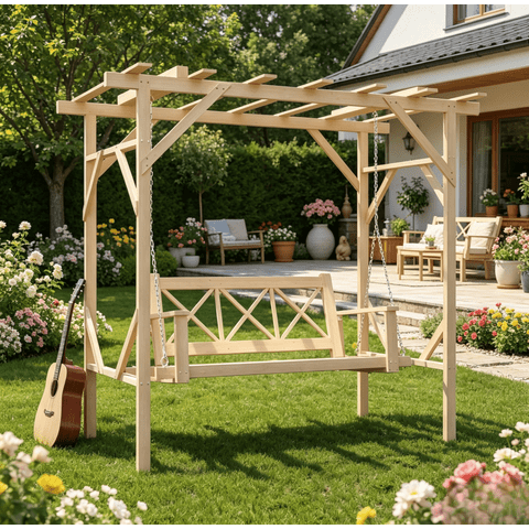 Clouddwell Natural Cedar Wood 3-Seat Pergola Swing Bench with Canopy & Stand Patio Hammock Swing Set with Metal Chains for Backyard, Garden, Porch