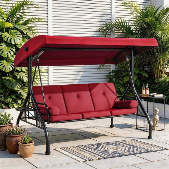 Clouddwell Outdoor Porch Swing with Stand and Canopy, 3-Seat Porch Swing with Stand for Garden, Yard & Balcony, Red