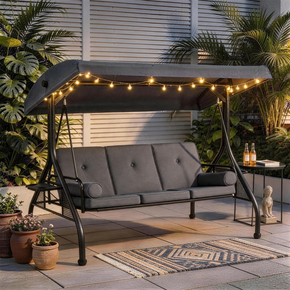 Clouddwell Outdoor Porch Swing with Stand and Canopy, 3-Seat Porch Swing with Stand for Garden, Yard & Balcony with Light, Gray