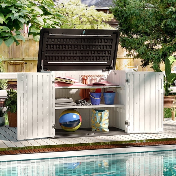 Clouddwell 35 Cu.Ft Resin Outdoor Storage Shed, Waterproof Patio Storage Sheds with Floor, Weather-Resistant Vertical Outdoor Storage Cabinet (White with Shelf)