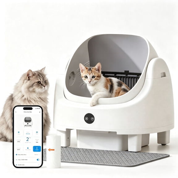 Clouddwell Self-Cleaning Open Top Cat Litter Box, App Control with Safety Sensors, Includes Litter Mat & Fragrance Box, White