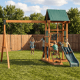 thumbnail image 1 of Clouddwell Wooden Swing Set for Backyard Playground Swingset with Slide Kid Outdoor Play Set with Play Deck, Rock Wall Ladder, Belt Swings, Chalkboard, 1 of 9