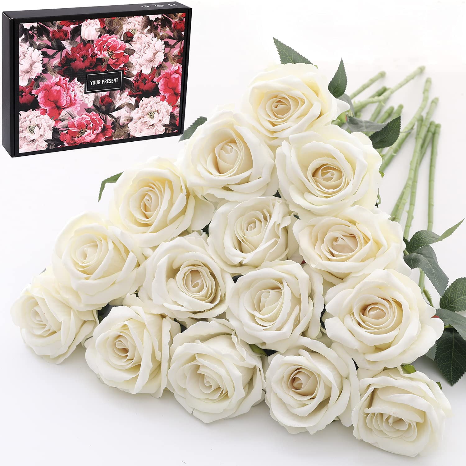 Cloudecor 15Pcs Artificial Roses Velet Real Touch Single Stem Fake