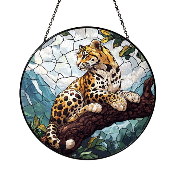 Clouded Leopard Window Suncatcher, Stained Glass Style Jungle Wildlife Hanging Decor, Exotic Nature Inspired Gift