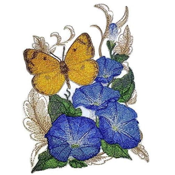 Clouded Yellow Butterfly and Morning Glories Embroidered Iron on/Sew Patch