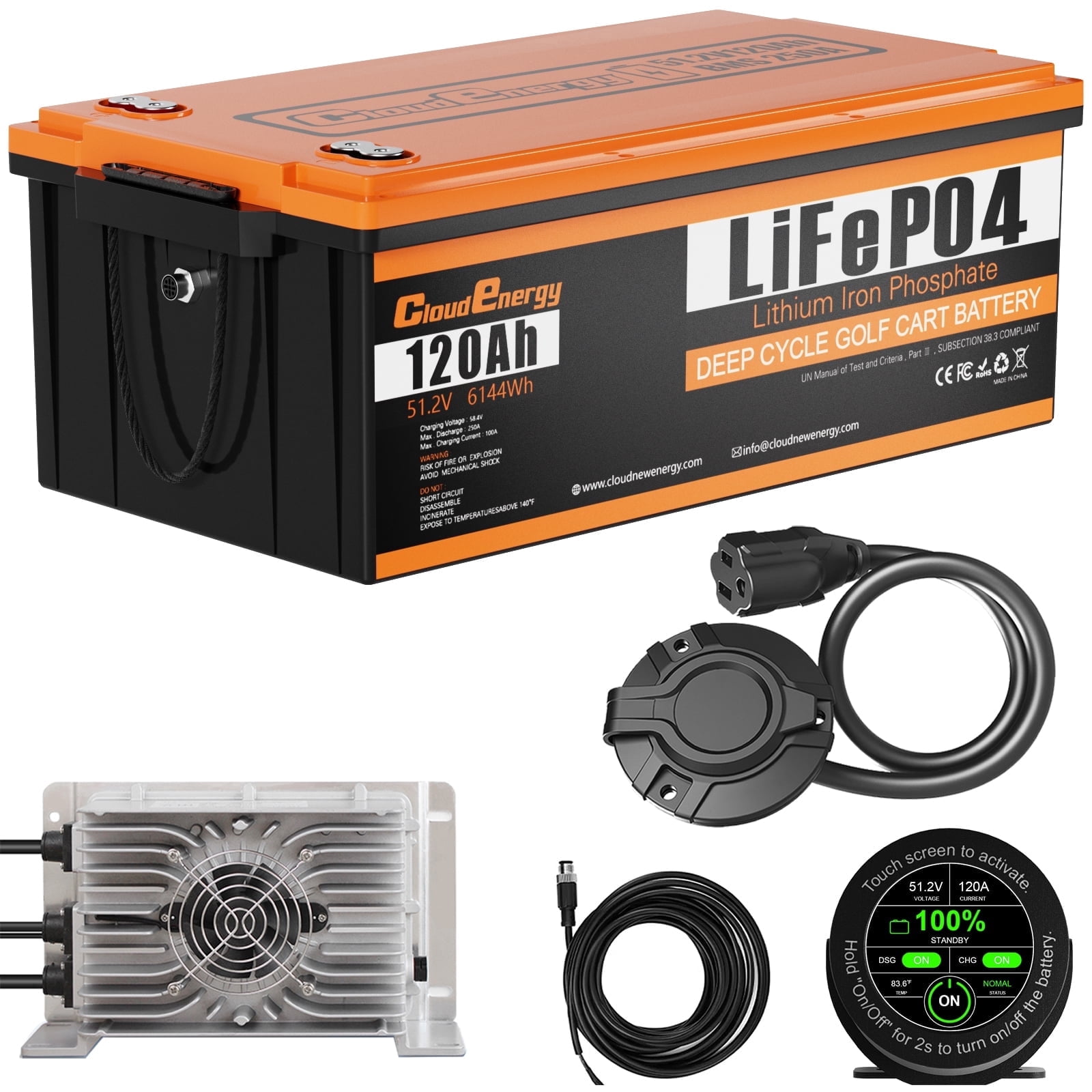 48V(51.2V) 120AH LiFePO4 Lithium Golf Cart Battery Built-in 250A BMS,3C Discharge,with 20A Charger,Mobile APP,Touch Monitor,6000+ Cycles,Perfect for Golf Carts