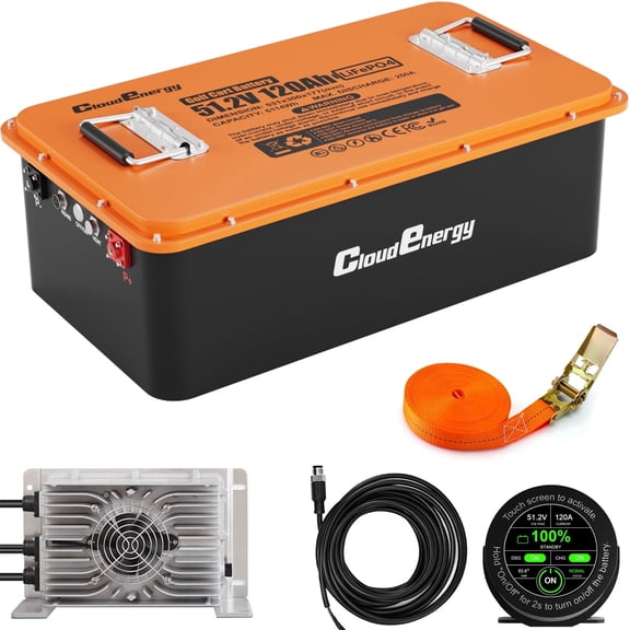 48V(51.2V) 120AH LiFePO4 Lithium Golf Cart Battery Built-in 250A BMS,with Mobile APP,Touch Monitor and retention strap,6000+ Cycles,Perfect for Golf Carts