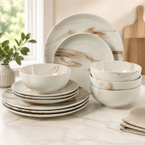 Cloudlight 12-Piece Brown and White Porcelain Ceramic Dinnerware Set with Plates and Bowls - Service for 4