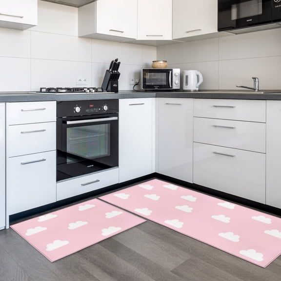 Clouds 2 Pieces Non-Slip Kitchen Mat Set, Sky Cartoon Pink Soft Door Mat with Rubber Backing, Dirtproof Rugs for Entrance Doorway, 23.6 x 70.9in