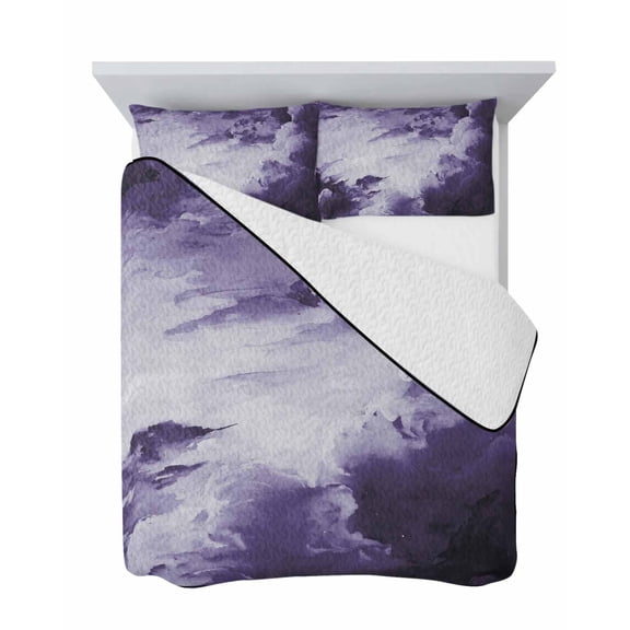 Clouds 3 Piece Quilt Set King Size, Abstract Gradient Purple Clouds Sky Soft Bedspread Coverlet Bedding Set Microfiber Lightweight Comforter Set with 2 Pillowcases for Bedroom
