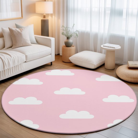 Clouds 3' Round Rug for Bathroom Accent Bedside Corner, Sky Cartoon Pink Washable Non Slip Circle Area Rug for Small Spaces