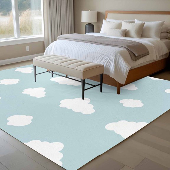 Clouds 6x9 Rug for Dining Room Table and Chair Setup, Blue Sky Low Pile Washable Non Slip Rectangle Area Rug