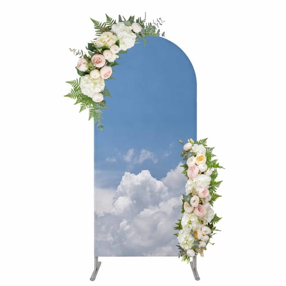 Clouds Arch Backdrop Cover 5FT, Blue White Sky Natural Landscape Spandex Fitted Stretchy Arch Stand Covers, Round Top Chiara Backdrop Cover for Wedding Party Birthday Baby Shower
