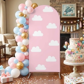 Clouds Arch Backdrop Covers 4 FT, Sky Cartoon Pink Stretchy Fitted Arched Stand Covers Party Arch Stand Cover Photo Booth for Wedding Birthday Decor