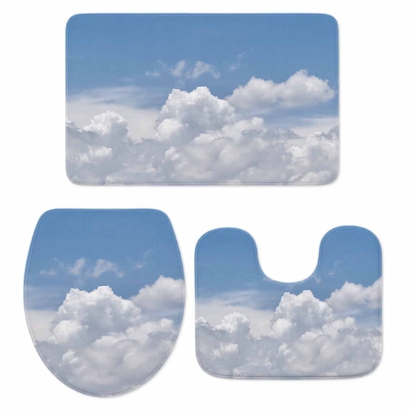 Clouds Bath Mat 3 Piece Bathroom Rug Set, Blue White Sky Natural Landscape Non Slip Bath Rug Contour Mat and Toilet Lid Cover, Absorbent Shower Mats Soft Bath Rugs and Mats Sets
