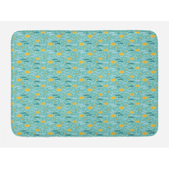 Clouds Bath Mat, Weather Pattern with Sun Rain and Thunder Bolts Themed Doodle Illustration, Plush Bathroom Decor Mat with Non Slip Backing, 29.5" X 17.5", Multicolor, by Ambesonne