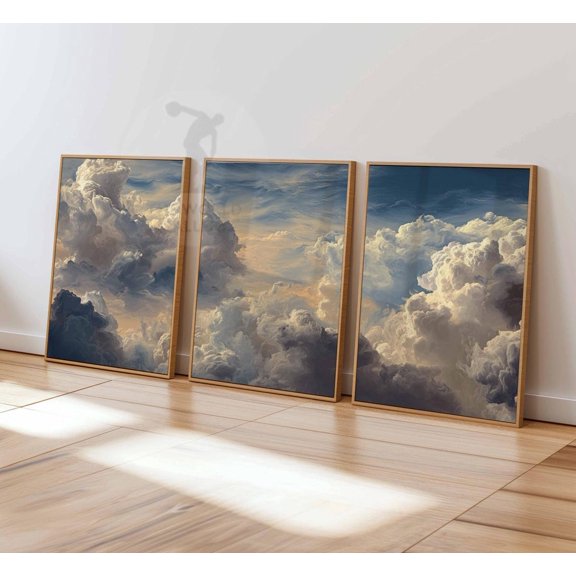 Clouds Bedroom Wall Art White Clouds Beige Sky Vintage Home Decor Set 3 Stretched Canvas 12x18