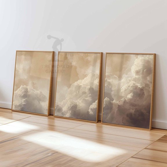 Clouds Bedroom Wall Art White Clouds Beige Sky Vintage Home Decor Set 3 Stretched Canvas 12x18