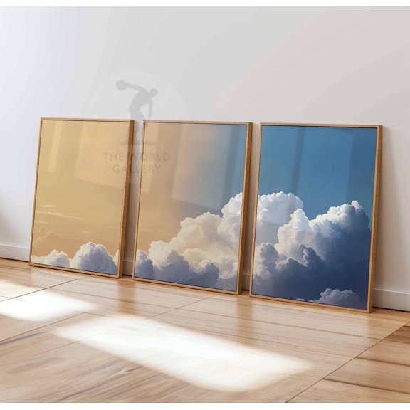 Clouds Bedroom Wall Art White Clouds Beige Sky Vintage Home Decor Version 2 Set 3 Stretched Canvas 8x12
