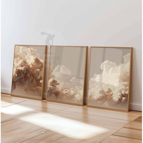 Clouds Bedroom Wall Art White Clouds Beige Sky Vintage Home Decor Version 4 Set 3 Stretched Canvas 8x12