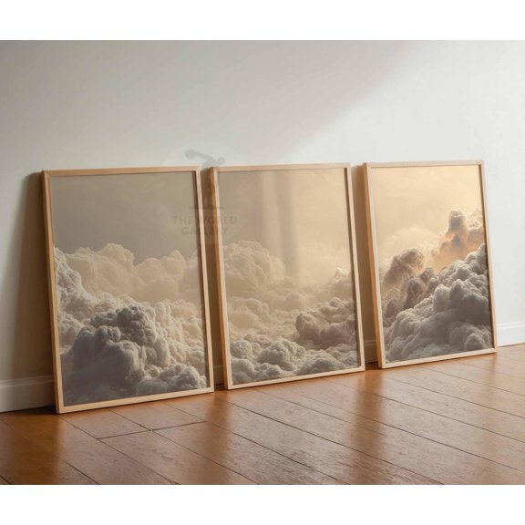 Clouds Bedroom Wall Art White Clouds Beige Sky Vintage Version 4 Set 3 Unframed Paper Print 16x24