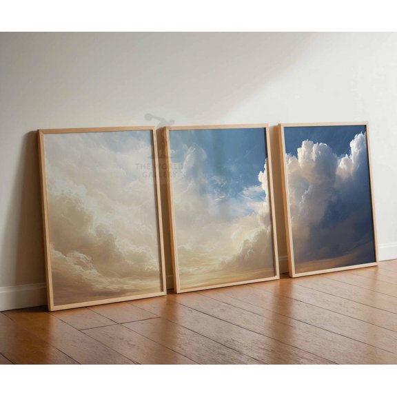 Clouds Bedroom Wall Art White Clouds Beige Sky Vintage Version 6 Set 3 Unframed Paper Print 16x24