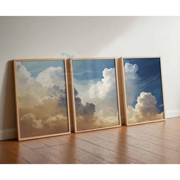 Clouds Bedroom Wall Art White Clouds Beige Sky Vintage Version 6 Set 3 Unframed Paper Print 16x24
