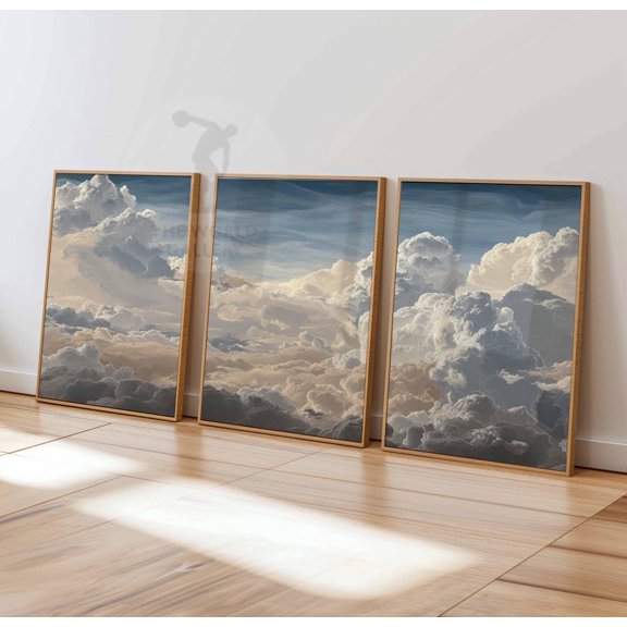 Clouds Bedroom Wall Art White Clouds Beige Sky Vintage Version 7 Set 3 Unframed Paper Print 8x12